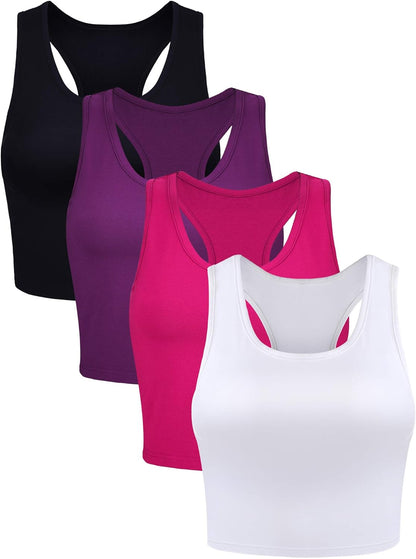 4 Pieces Basic Crop Tank Tops Sleeveless Racerback Sport Cotton Tank Tops for Women (Black, White, Rose Red, Purple,Large)